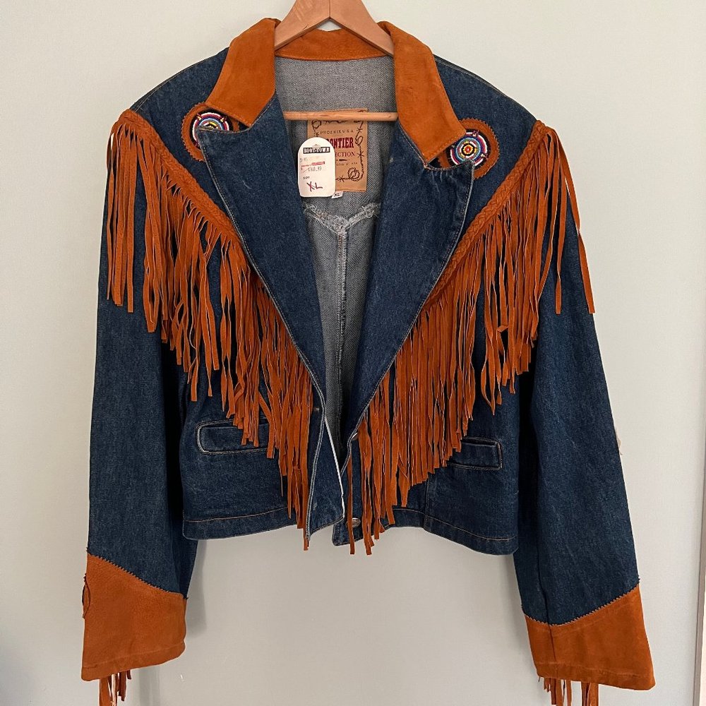 XL Phoenix U.S.A. Frontier Collection Fringed And Beaded Denim Jacket